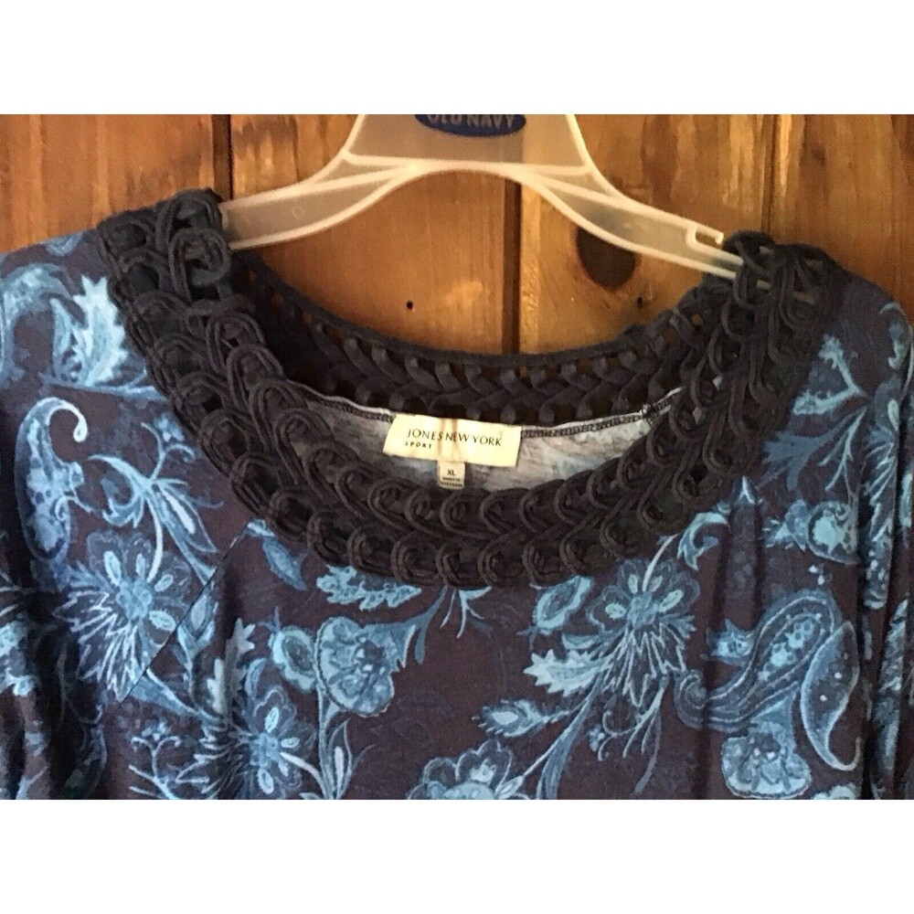 Jones New York Blue Floral Top XL Braided Neckline 3/4 Sleeve Casual Vintage - Picture 2 of 8